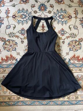 Women's Black Fit-and-Flare Athletic Tennis Pickleball Dress with Strappy Back